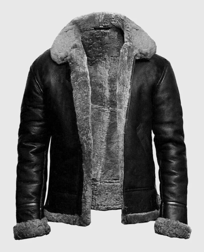 Men's Flying Aviator Pilot FUR Bomber Black Jacket
