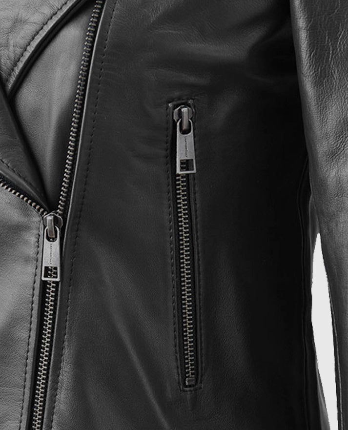 Women's Black Collarless Leather Biker Jacket