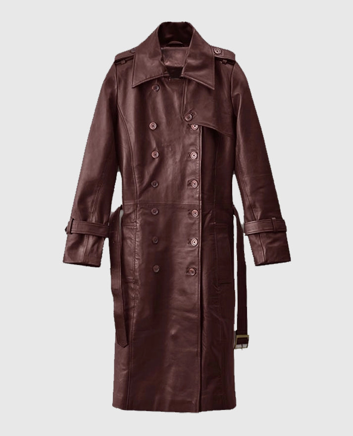 Soft Maroon Wax Halcon Leather Trench Coat For Women