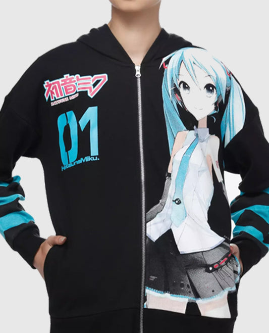 Hatsune Miku Jumbo Print Stripe Zipper Girls Hoodie