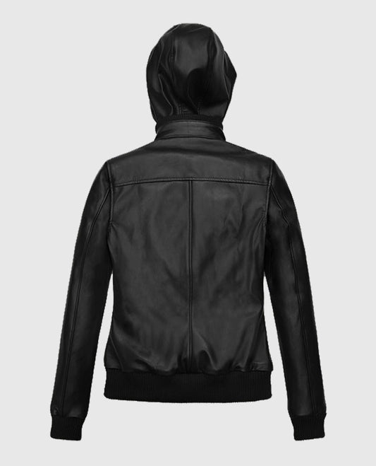 Women's Black Detachable Hood Leather Jacket
