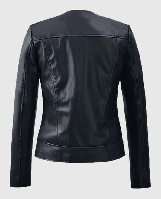 Women's Dark Blue Leather Biker Jacket