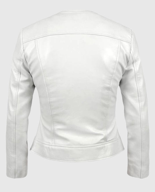 Women's Round Neck White Leather Biker Jacket