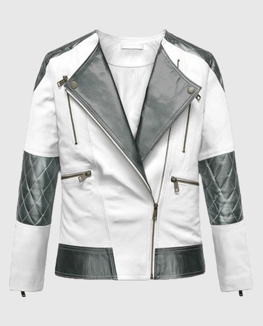 Women's White and Silver Quilted Moto Jacket