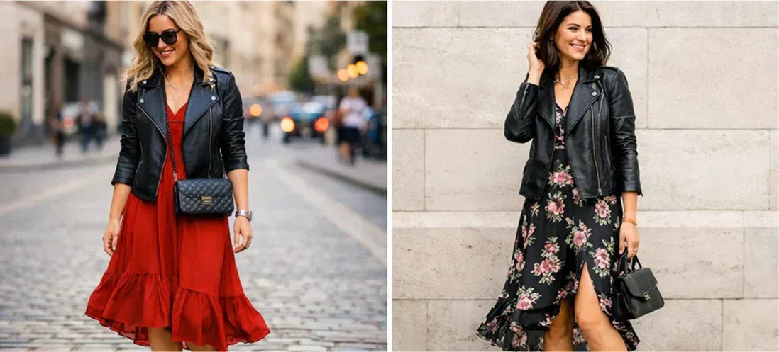 How to style a Women Leather Jacket With Dresses and Skirts