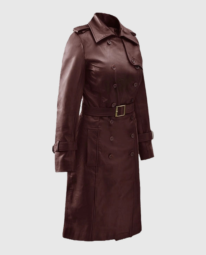 Soft Maroon Wax Halcon Leather Trench Coat For Women
