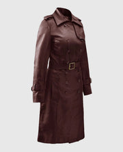 Soft Maroon Wax Halcon Leather Trench Coat For Women