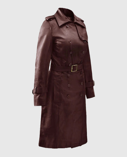Soft Maroon Wax Halcon Leather Trench Coat For Women