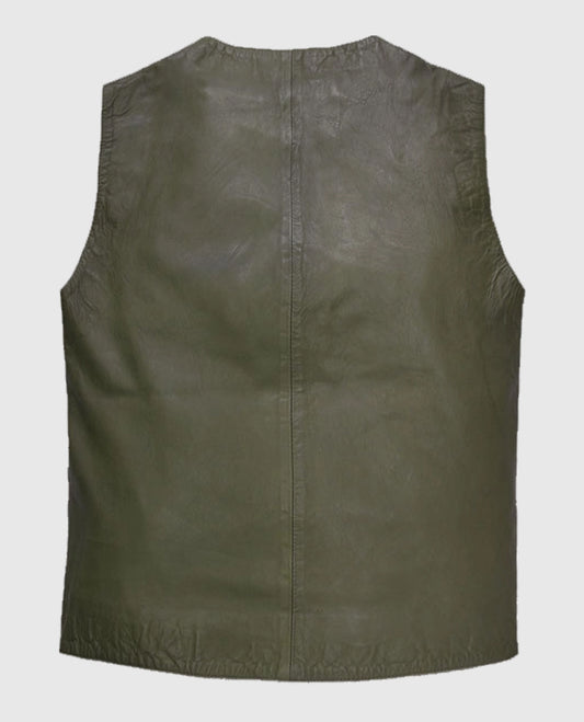 Men's Green Basicallo Washed and Wax Leather Vest