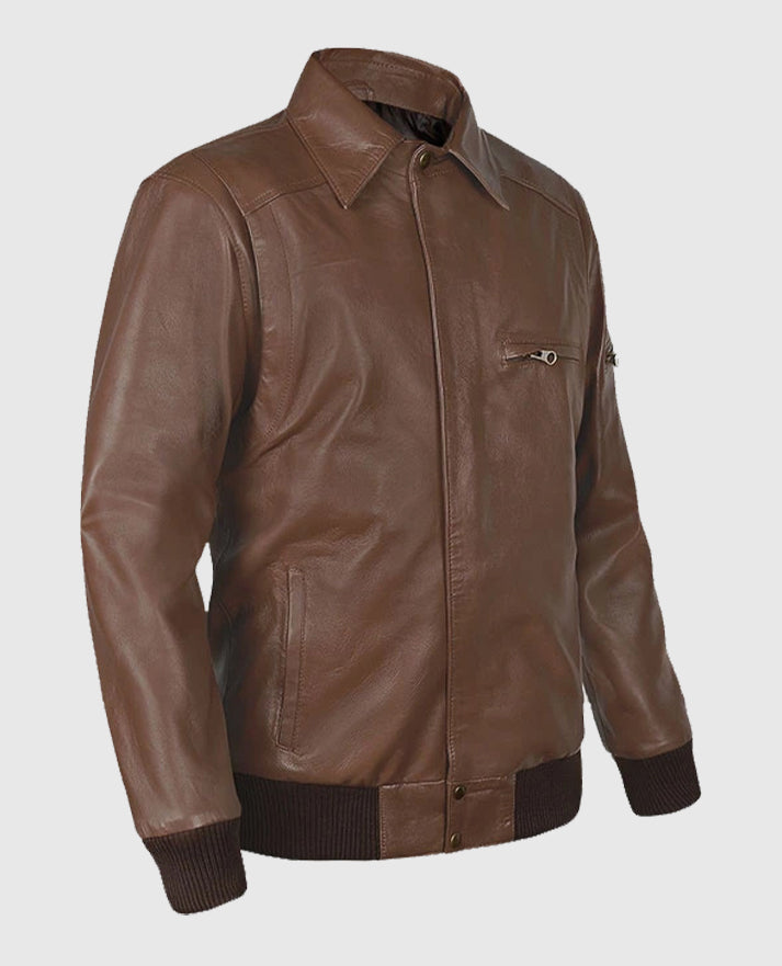 Men's Rich Brown Hunter Bomber Leather Jacket