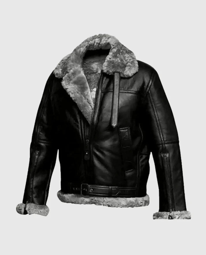 Men's Flying Aviator Pilot FUR Bomber Black Jacket