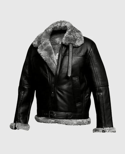 Men's Flying Aviator Pilot FUR Bomber Black Jacket