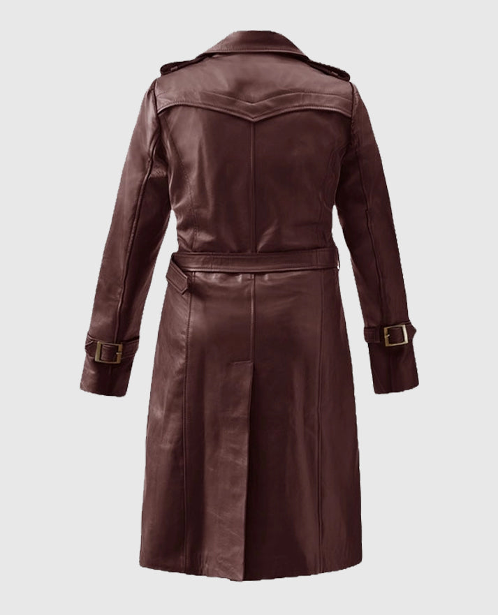 Soft Maroon Wax Halcon Leather Trench Coat For Women