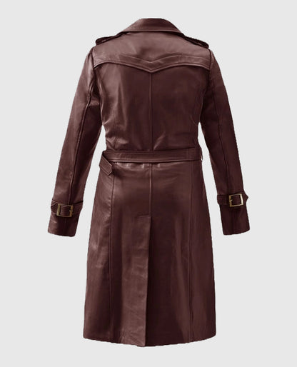 Soft Maroon Wax Halcon Leather Trench Coat For Women