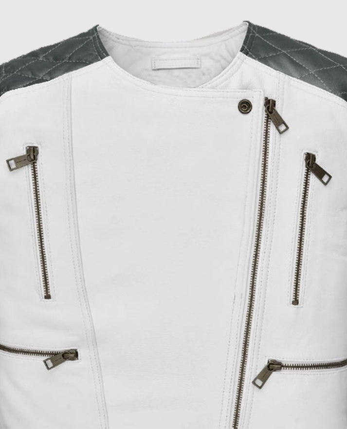 Women's White & Silver Quilted Moto Jacket