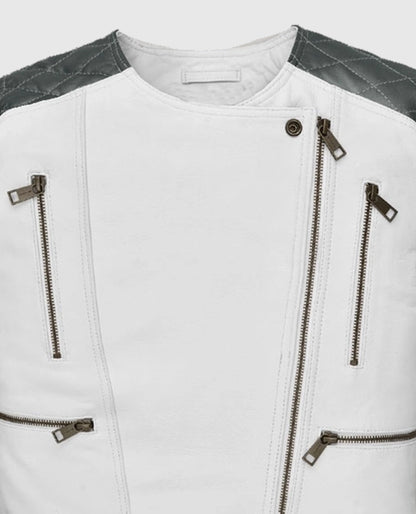 Women's White & Silver Quilted Moto Jacket
