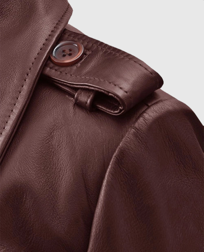 Soft Maroon Wax Halcon Leather Trench Coat For Women