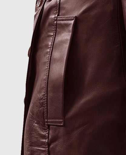 Soft Maroon Wax Halcon Leather Trench Coat For Women