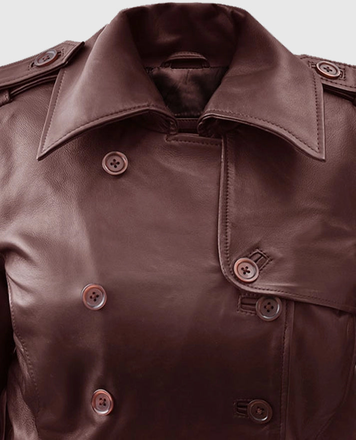 Soft Maroon Wax Halcon Leather Trench Coat For Women