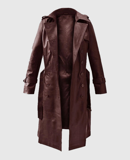 Soft Maroon Wax Halcon Leather Trench Coat For Women