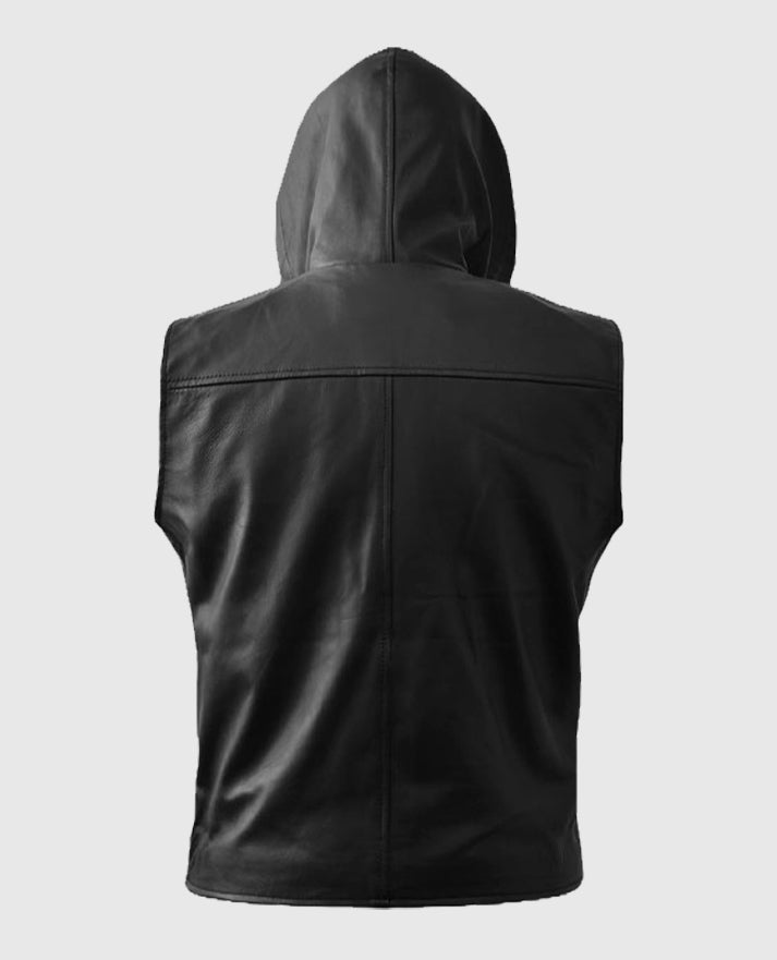  Black Biker Style Leather Hooded Vest