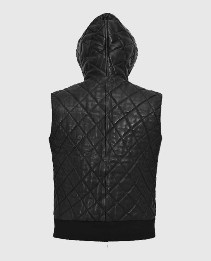Men's Black Quilted Hooded Leather Vest - second image