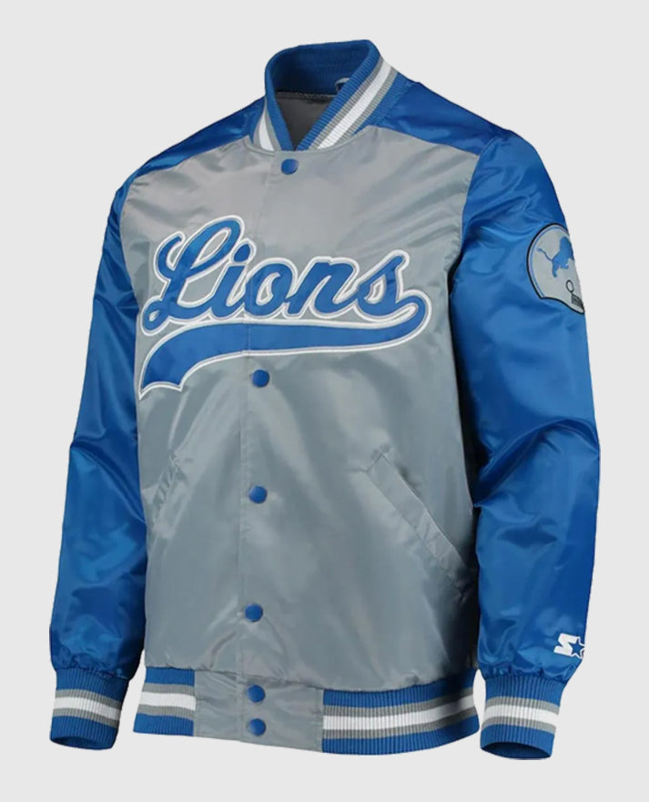 Detroit Lions The Tradition II Grey and Blue Varsity Satin Jacket
