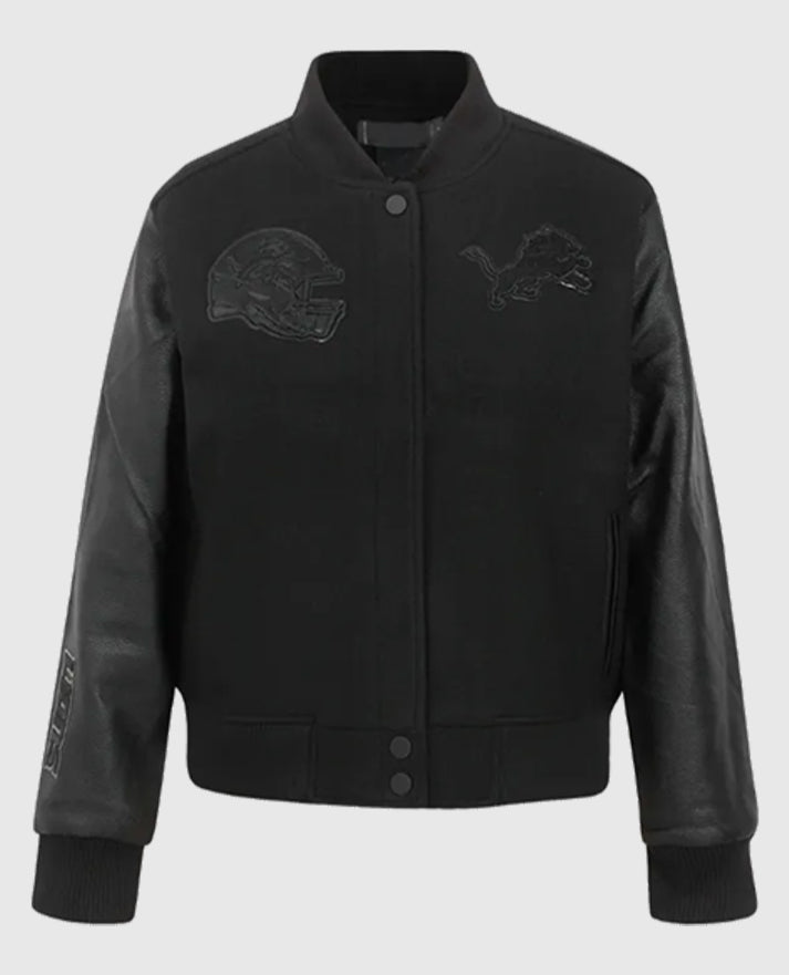 Detroit Lions Triple Black Varsity Wool/Leather Jacket
