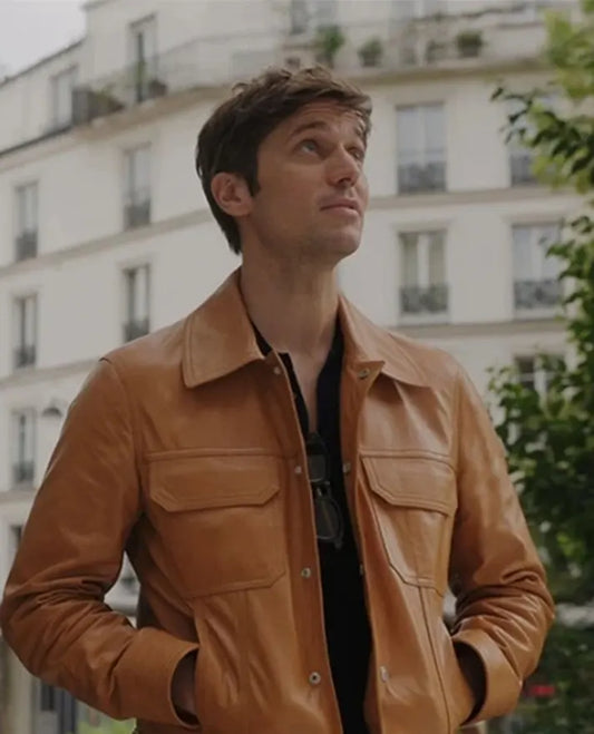 Lucas Bravo Emily In Paris Gabriel Brown Leather Jacket
