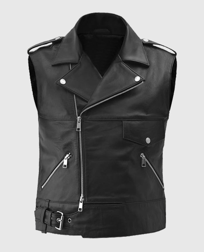 Men's Biker Leather Vest with Buckled Strap