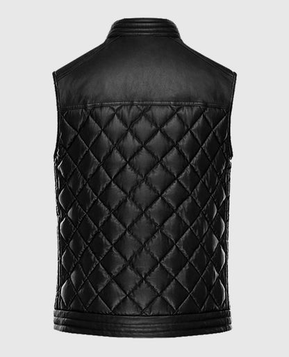 Men's Black Leather Vest with Quilted Design