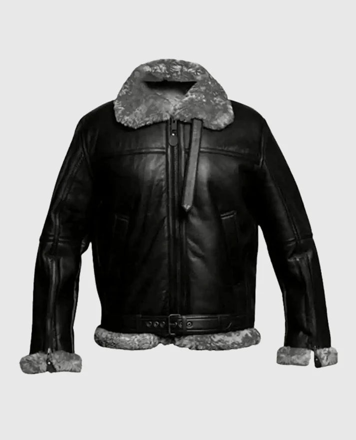 Men's Flying Aviator Pilot FUR Bomber Black Jacket