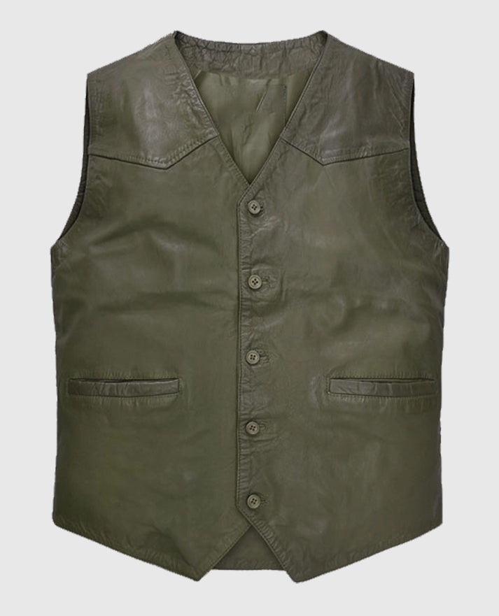 Men's Green Basicallo Washed and Wax Leather Vest