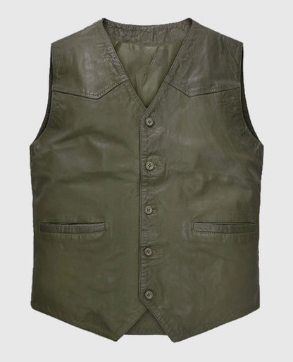 Men's Green Basicallo Washed and Wax Leather Vest