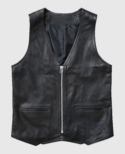 Men's Stylish V-Neck Black Leather Vest