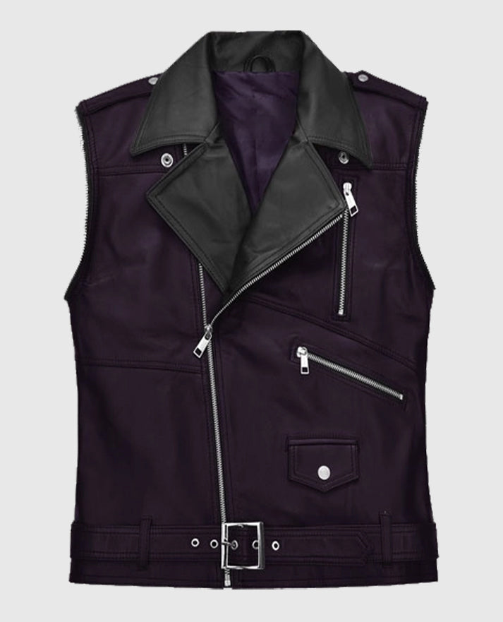 Men's Two-Tone Purple and Black Biker Leather Vest