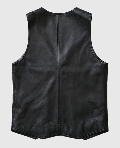 Men's V-Neck Black Leather Vest