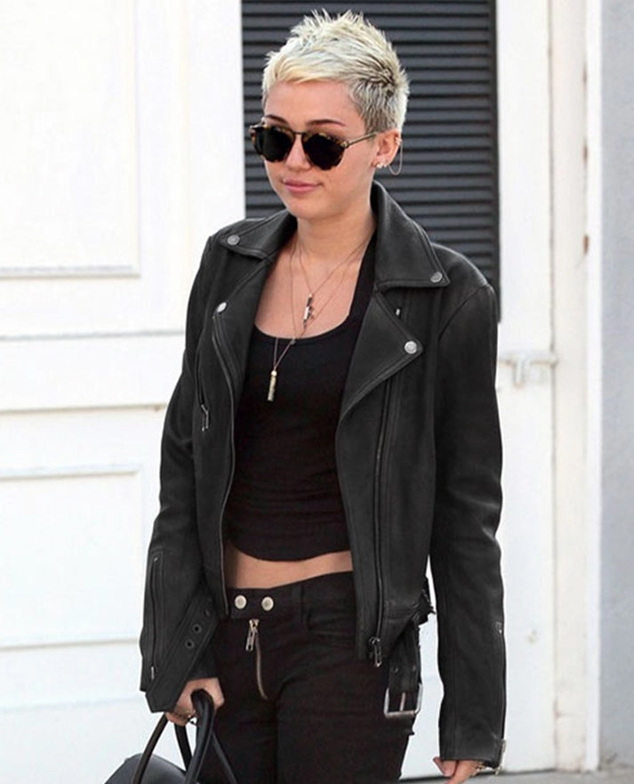 Miley Cyrus Black Biker Leather Jacket