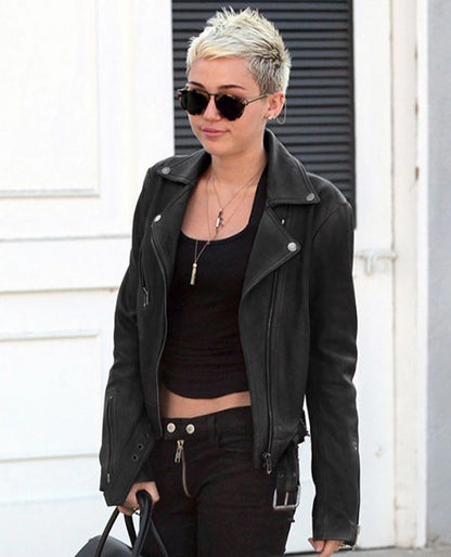 Miley Cyrus Black Biker Leather Jacket