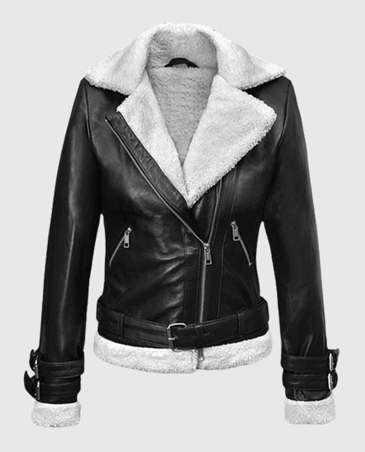 Rita Ora Black Leather Shearling Jacket