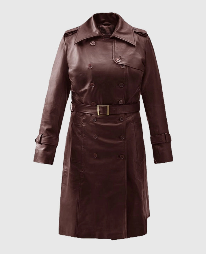 Soft Maroon Wax Halcon Leather Trench Coat For Women