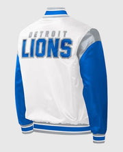 Throwback Warm Up Pitch Detroit Lions Satin Varsity Jacket