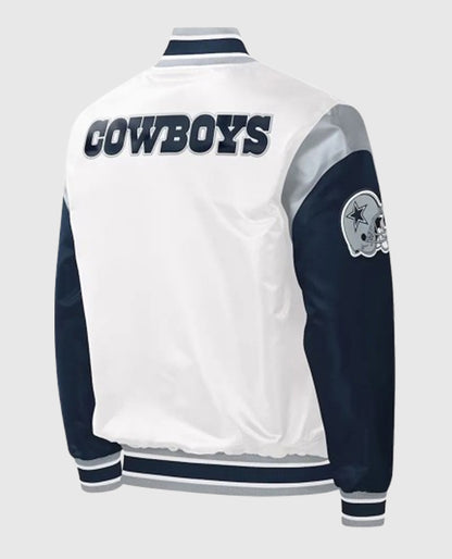 Warm-Up Pitch NFL Dallas Cowboys White and Blue Varsity Satin Jacket