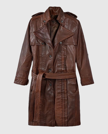 Women's Spanish Brown belted Long Leather Coat