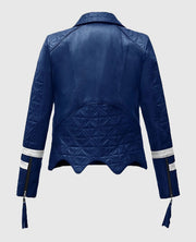 Women's Blue Striped Leather Moto Jacket