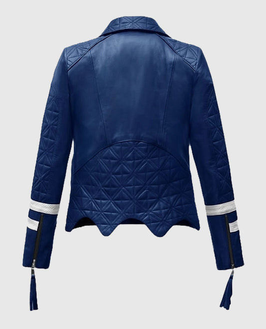 Women's Blue Striped Leather Moto Jacket