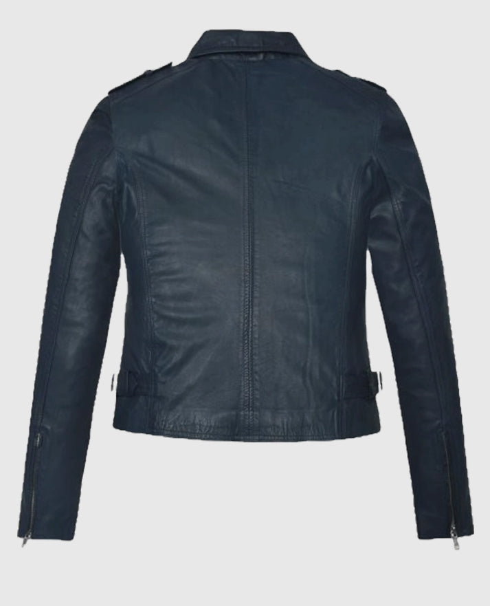 Women's Blue Washed Wax Biker Leather Jacket