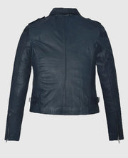 Women's Blue Washed Wax Biker Leather Jacket