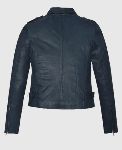 Women's Blue Washed Wax Biker Leather Jacket