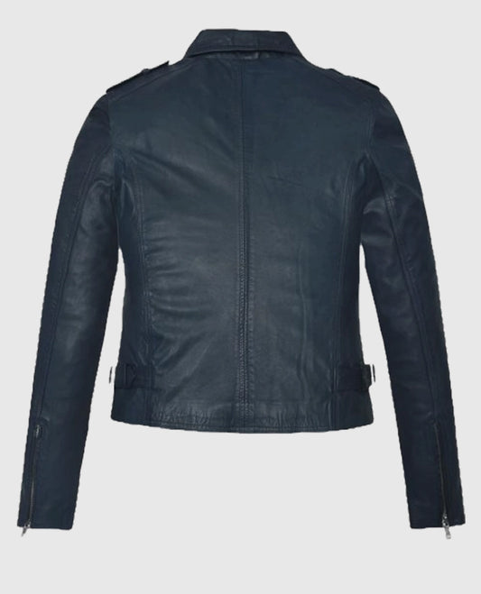 Women's Blue Washed Wax Biker Leather Jacket